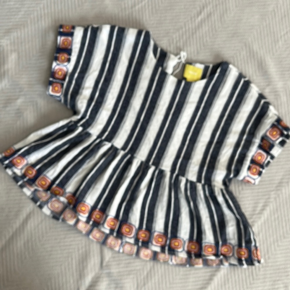 Maeve Striped Black and White Peplum Top with Embroidered Trim